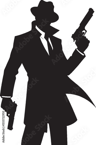 Silhouette of a mysterious figure in a fedora holding two guns ready to shoot