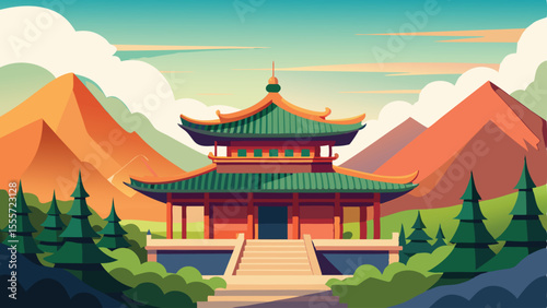 A pagoda with mountains and trees under a cloudy blue sky landscape illustration