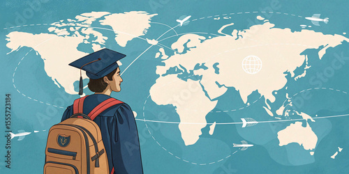 Graduate student wearing cap gown, backpack stands before world map. Student considers global career, international opportunities. Education path represents youth, ambition, success,