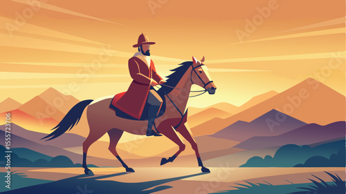 Man riding horse in front of mountains at sunset stylized landscape illustration