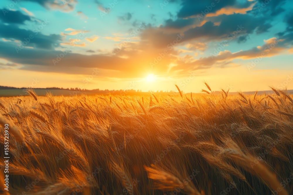 Obraz premium Golden Wheat Field Sunset with Bright Sky and Fluffy Clouds