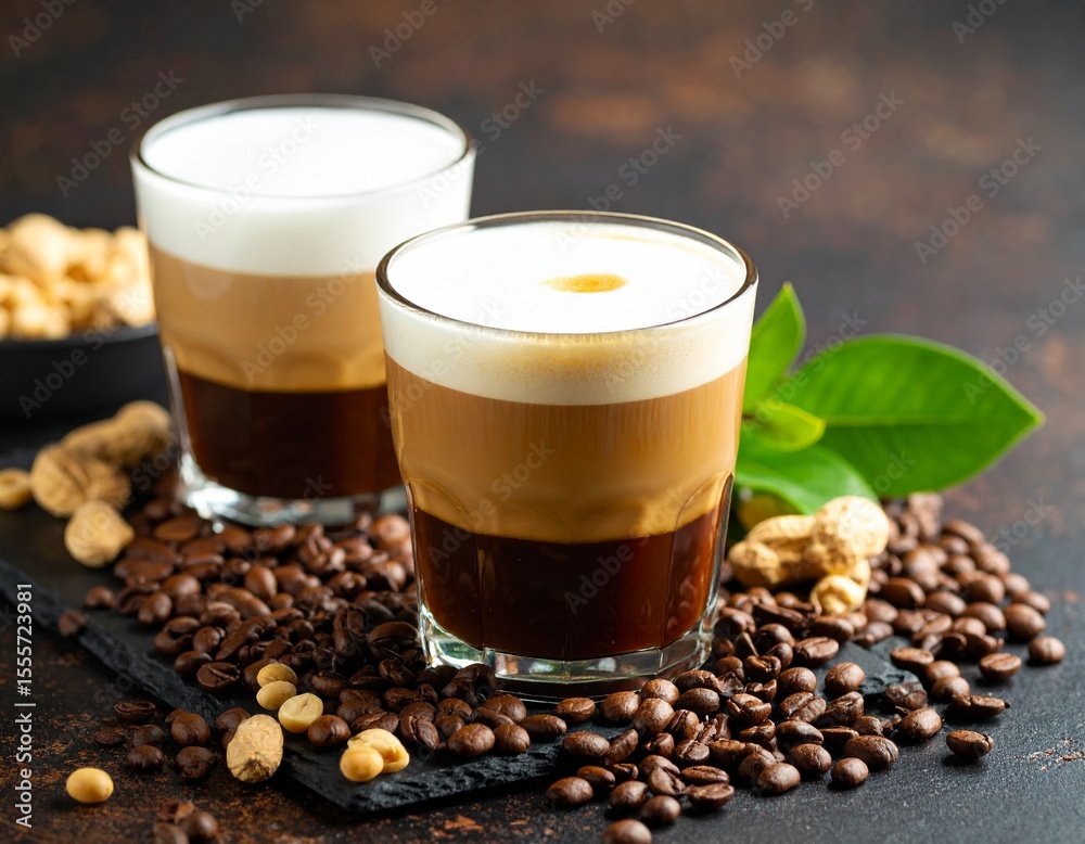Iced Coffee layered in glasses with soy and peanuts. Vegan drink. Iced Coffee layered in glasses with soy and peanuts. Vegan drink.