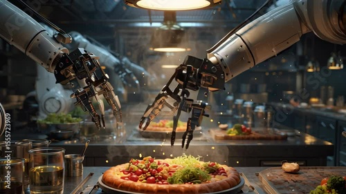 Robotic Culinary Craftsmanship: A captivating scene unfolds in a futuristic kitchen where robotic arms meticulously prepare a gourmet dish, showcasing innovation and precision in culinary automation.