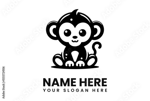 A cute, cartoonish monkey sitting, with a friendly expression, and a logo below.