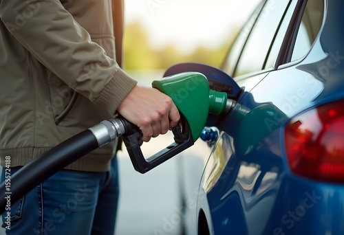 Close-Up of Person Pumping Gas into Car – Fuel Nozzle at Gas Station


