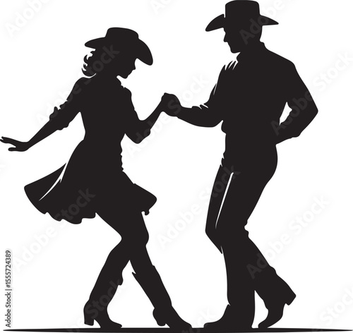 Silhouetted western country couple dancing together in cowboy and cowgirl attire