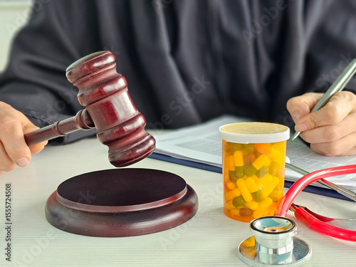 Courtroom settings highlight intersection of law, medicine, and justice through the use of a gavel and prescription bottle concept