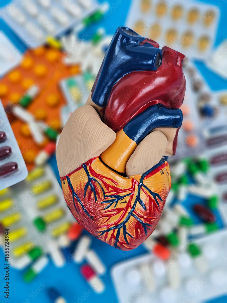 Fototapeta premium Educational model of a human heart surrounded by various medications and pills