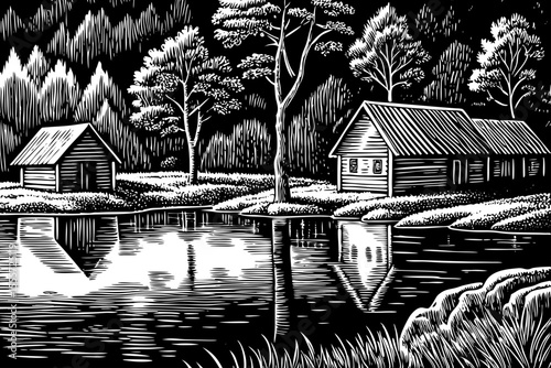 serene village lake surrounded by wooden cabins and leafy trees, a black and white sketch vector