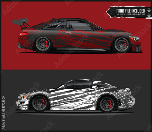 Two Custom Race Car Designs with Abstract Star Patterns