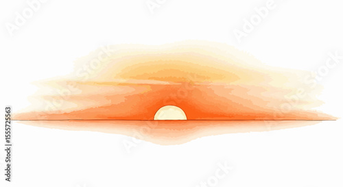 A minimalist watercolor of the sun rising over a calm horizon, with warm orange hues and clean design for a peaceful, modern aesthetic.

