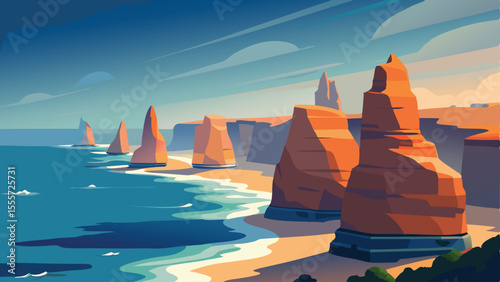 Rocky formations along the coast with ocean view at daytime landscape illustration