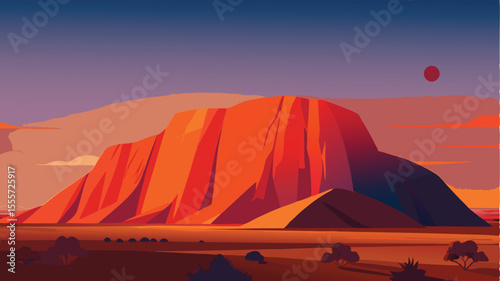 Orange mountain at sunset with trees and a red sun in sky landscape illustration