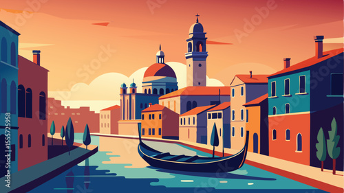 A venetian canal with a gondola and buildings at sunset time landscape illustration