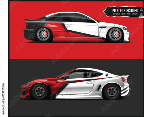 Two stylized sports cars with a striking red and white two tone paint scheme side by side