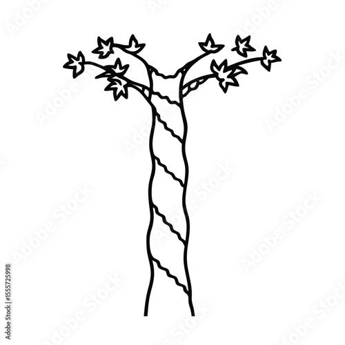 Detailed illustration of a sturdy tree trunk with lush green ivy vines gracefully wrapping upwards against a clean white background