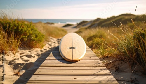Wooden path among dunes with sand and grass, leading directly to surf. Focus on board texture, no people.