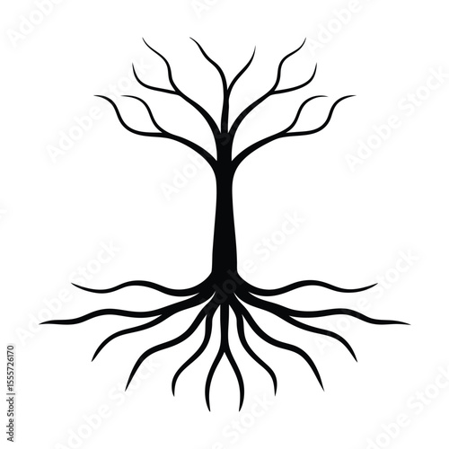 Illustration of a strong tree trunk with extensive roots spreading outwards on a clean white background ideal for nature themes
