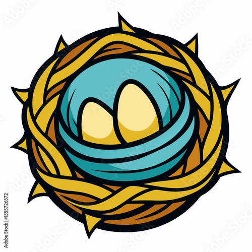 Stylized bird s nest with two pale eggs and thorny outer edge