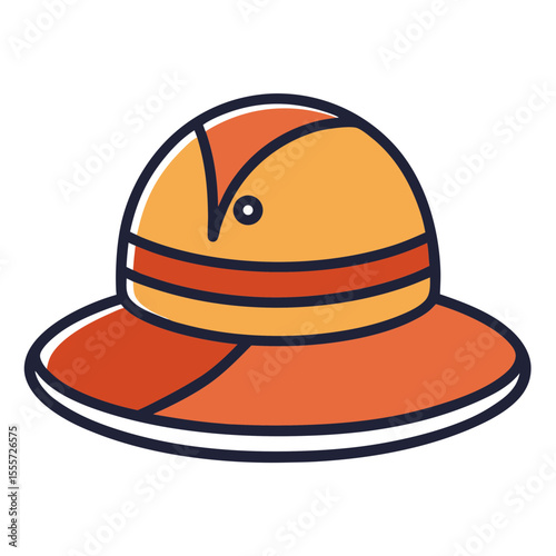 Stylized illustration of a classic safari pith helmet in orange and yellow