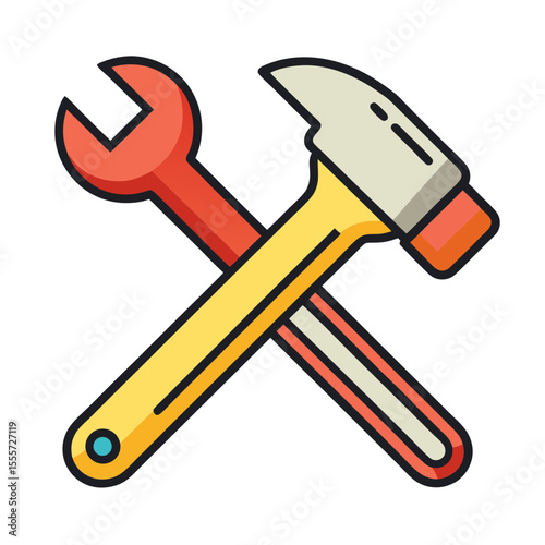 Stylized crossed hammer and wrench icon for tools and repair