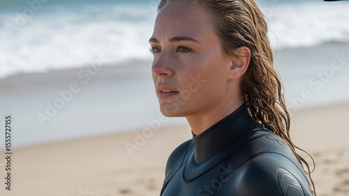 Female surfer in wetsuit at beach, ocean waves in background