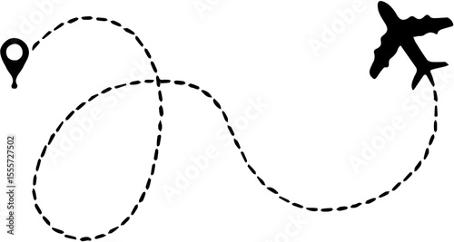 Travel concept Dotted path airplane Aircraft tracking. Line path vector icons of air plane flight routes with start point and dash line trace