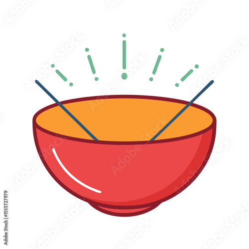 Red bowl with chopsticks and green sparkles illustration