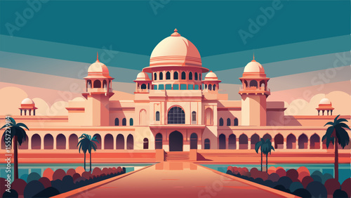 A building with a dome and arches under a blue sky design landscape illustration