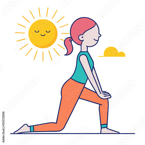 Woman practicing yoga outdoors under a smiling sun and a cloud