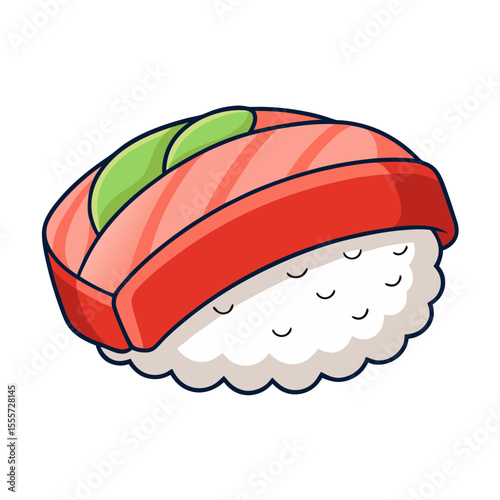 Cute cartoon sushi with salmon and avocado on white background