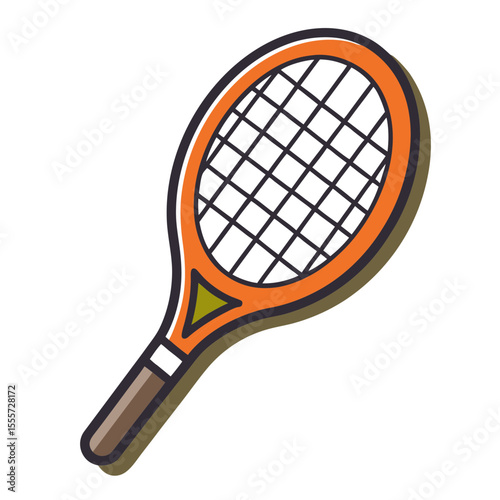 Vibrant orange tennis racquet with black strings and brown handle