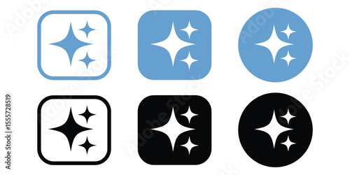 Sparkle and shine icons in blue and black isolated on white background