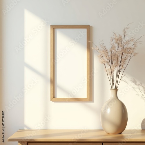 Minimalist Interior Design Sunlit Room with Empty Frame and Dried Flowers