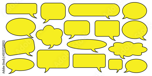 Collection of yellow speech bubbles of various shapes isolated on white background