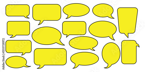 Collection of yellow speech bubbles of various shapes isolated on white background