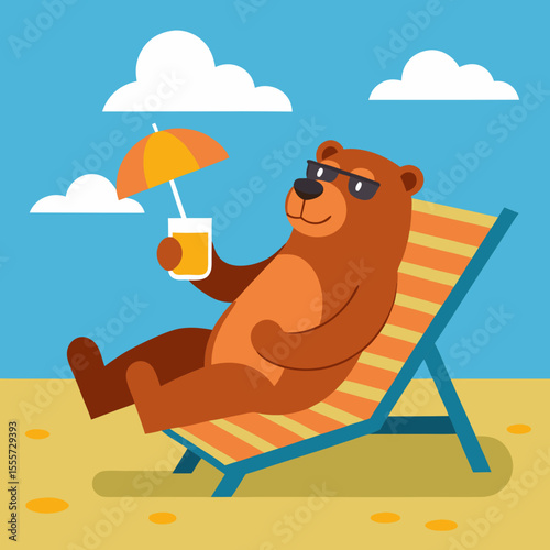 .brown bear lying on sun bed and drinking a cocktail in summer sunny sea beach