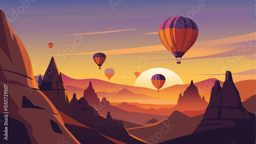 Stylized coast with cliffs and distant island at sunset time landscape illustration