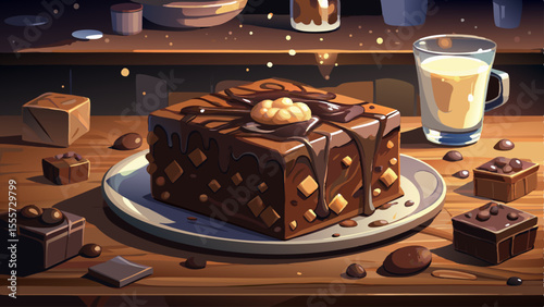 A dense, fudgy brownie square sits atop a dark slate plate, its cracked surface revealing rich chocolate beneath. Small chunks of walnut and swirls of melted chocolate add depth. Powdered sugar 