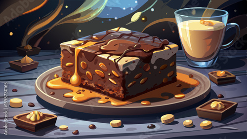 A dense, fudgy brownie square sits atop a dark slate plate, its cracked surface revealing rich chocolate beneath. Small chunks of walnut and swirls of melted chocolate add depth. Powdered sugar 