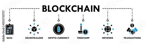 Blockchain banner web icon vector illustration concept with icon of data, decentralized, crypto currency, timestamp, network and transactions