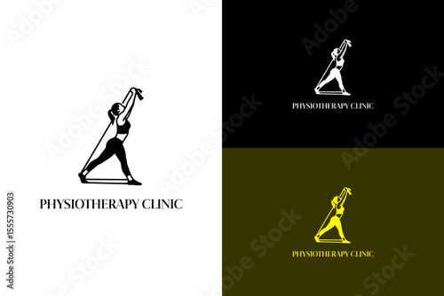 illustration of a woman mid stretch with a resistance band, vector logo for exercise, workout, physical therapy, wellness, joint care, orthopedic, movement therapy, physiotherapy clinic, and more