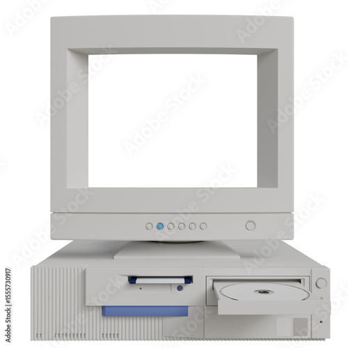 A vintage off-white desktop computer with a large CRT monitor, a floppy disk drive, and a CD-ROM drive, displayed against a transparent background, showcasing its retro design