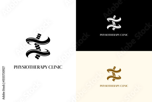 vector illustration of spine supported between two therapy bands, logo for spine health, joint care, wellness, physical therapy, movement therapy, rehab center, physiotherapy clinic, and more