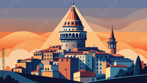 Wallpaper Mural Cityscape with tower and buildings against a sunset sky view landscape illustration Torontodigital.ca
