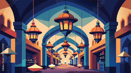A corridor with arches and hanging lamps in a market scene landscape illustration