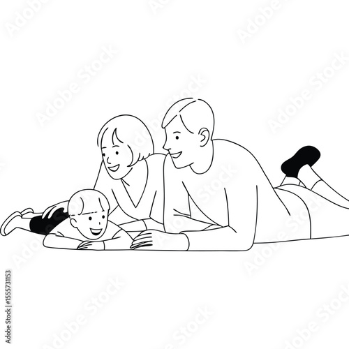 A black and white line art drawing of a smiling family of three, a mother, father, and child, looking at each other.