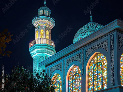 Captivating minaret glowing under soft lights in the quiet of night