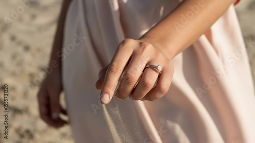 Close-up of female hand with engagement ring on sandy beach