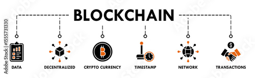 Blockchain banner web icon vector illustration concept with icon of data, decentralized, crypto currency, timestamp, network and transactions
